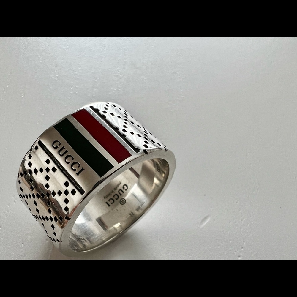 GUCCI Ring 925 sterling Silver red&green strip. Size 10